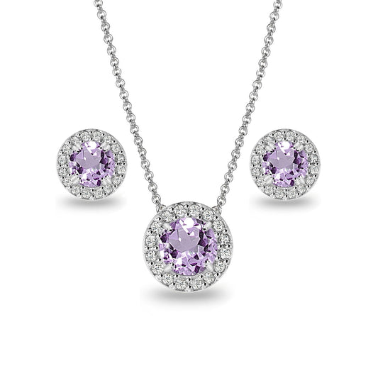 Sterling Silver Amethyst & White Topaz Round Halo Necklace & Stud Earrings Jewelry Set for Women Girls