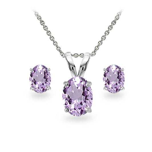 Amethyst Necklace and Earrings Sterling Silver Oval-cut Solitaire Genuine Gemstone Pendant & Stud Earring Purple Jewelry Sets for Women Girls Birthday
