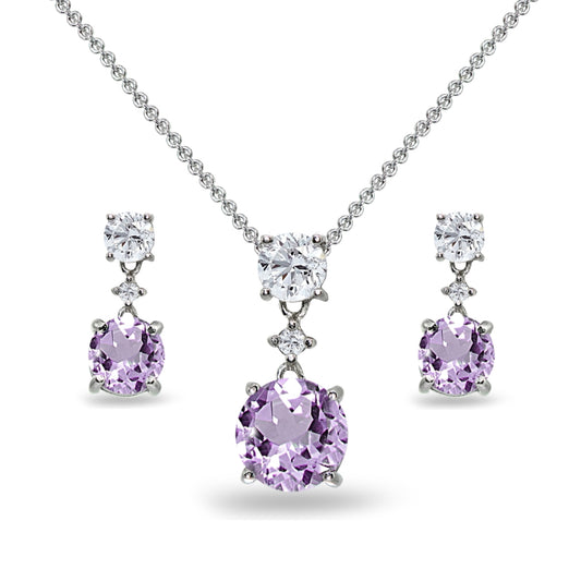 Sterling Silver Amethyst & White Topaz Round 3-Stone Dangling Necklace & Stud Earrings Set