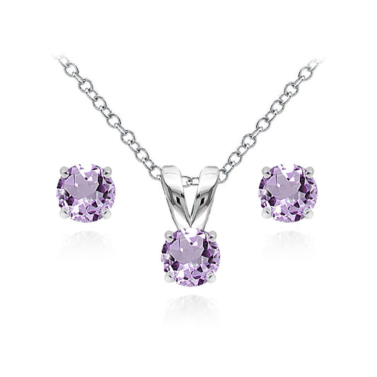 Amethyst Earrings Necklace for Women Sterling Silver 5mm Round Solitaire Purple Pendant and Studs Earring Jewelry Set for Girls Teens Bridesmaids