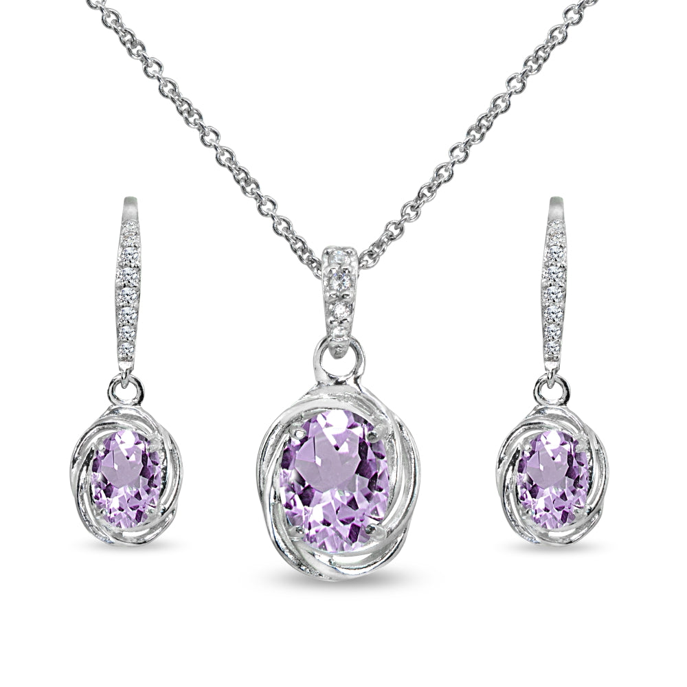 Sterling Silver Amethyst & Cubic Zirconia Oval Love Knot Leverback Earrings & Pendant Necklace Set