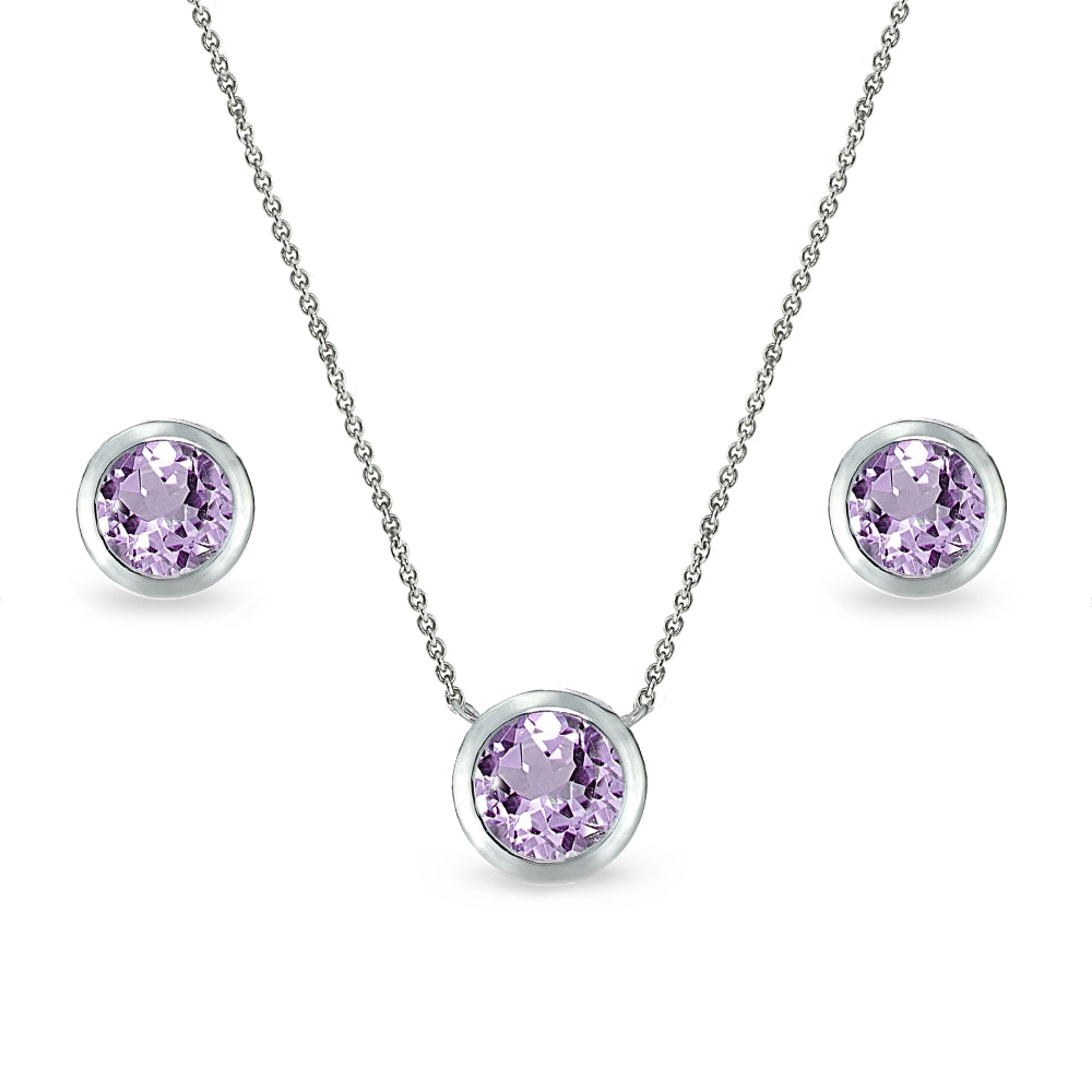 Sterling Silver Amethyst 7mm Round Bezel-Set Solitaire Dainty Necklace & Stud Earrings Set for Women