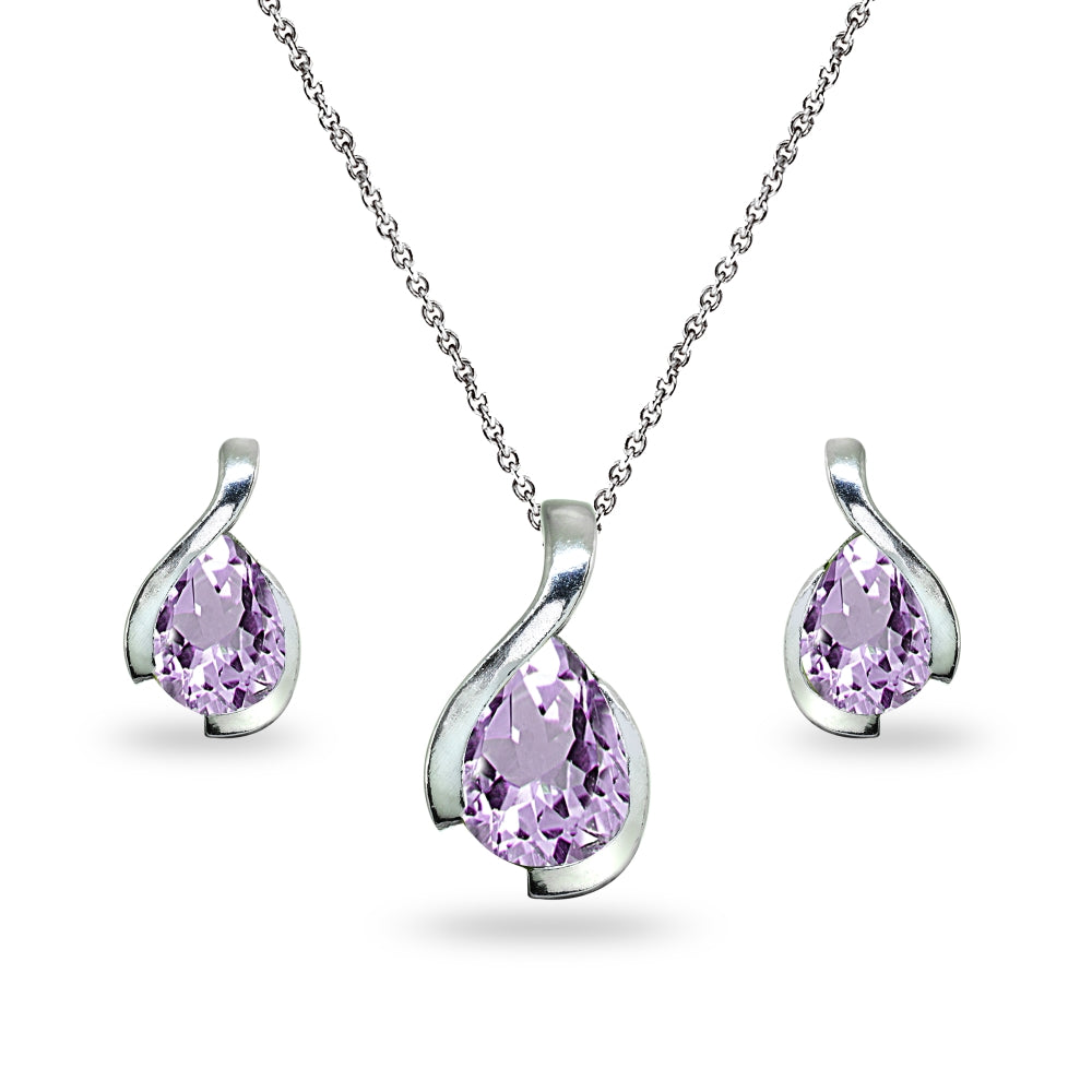 Sterling Silver Amethyst Pear-Cut Solitaire Teardrop Design Pendant Necklace & Stud Earrings Set