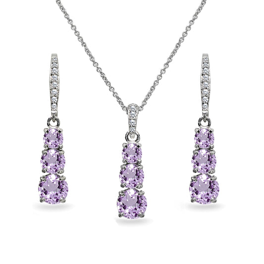 Sterling Silver Amethyst 3-Stone Journey Pendant Necklace & Dangle Leverback Earrings Set for Women Teen Girls