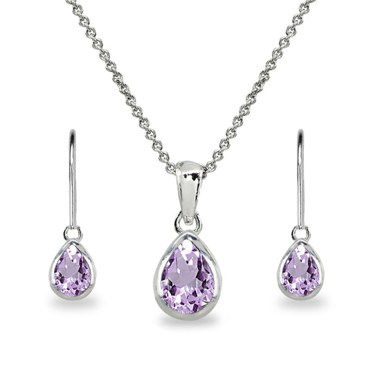 Jewelry Sets for Women Amethyst Necklace and Earrings Sterling Silver Teardrop Bezel Short Pendant Necklace & Dangle Earrings for Girls Teens Bridesmaids Birthday