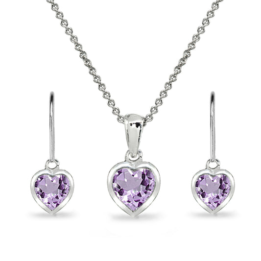 Necklaces and Earrings for Valentines Day Jewelry Sets for Women Sterling Silver Gem Bezel Amethyst Pendant Necklace & Dangle Earrings for Girls Teens