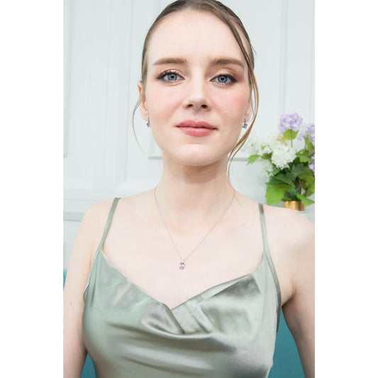 Sterling Silver Amethyst & CZ Oval-Cut Pendant Necklace & Huggie Earrings Set for Women Teen Girls