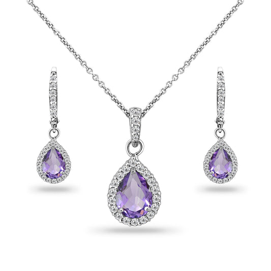 Amethyst and CZ Halo Dainty Pear Teardrop Sterling Silver Necklace & Earrings Jewelry Set for Women Girls