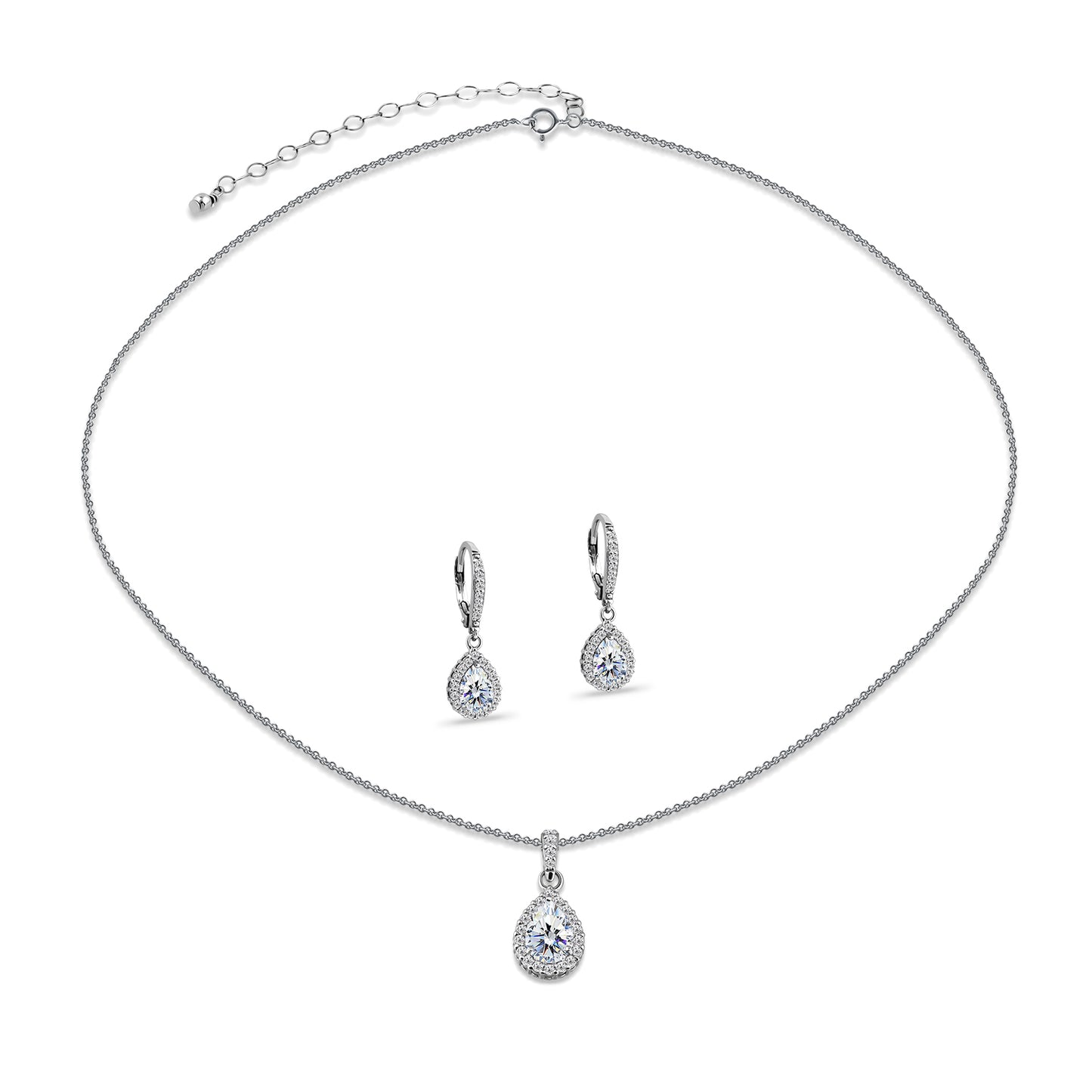 Cubic Zirconia Halo Dainty Pear Teardrop Necklace & Earrings Sterling Silver Jewelry Set for Women Girls