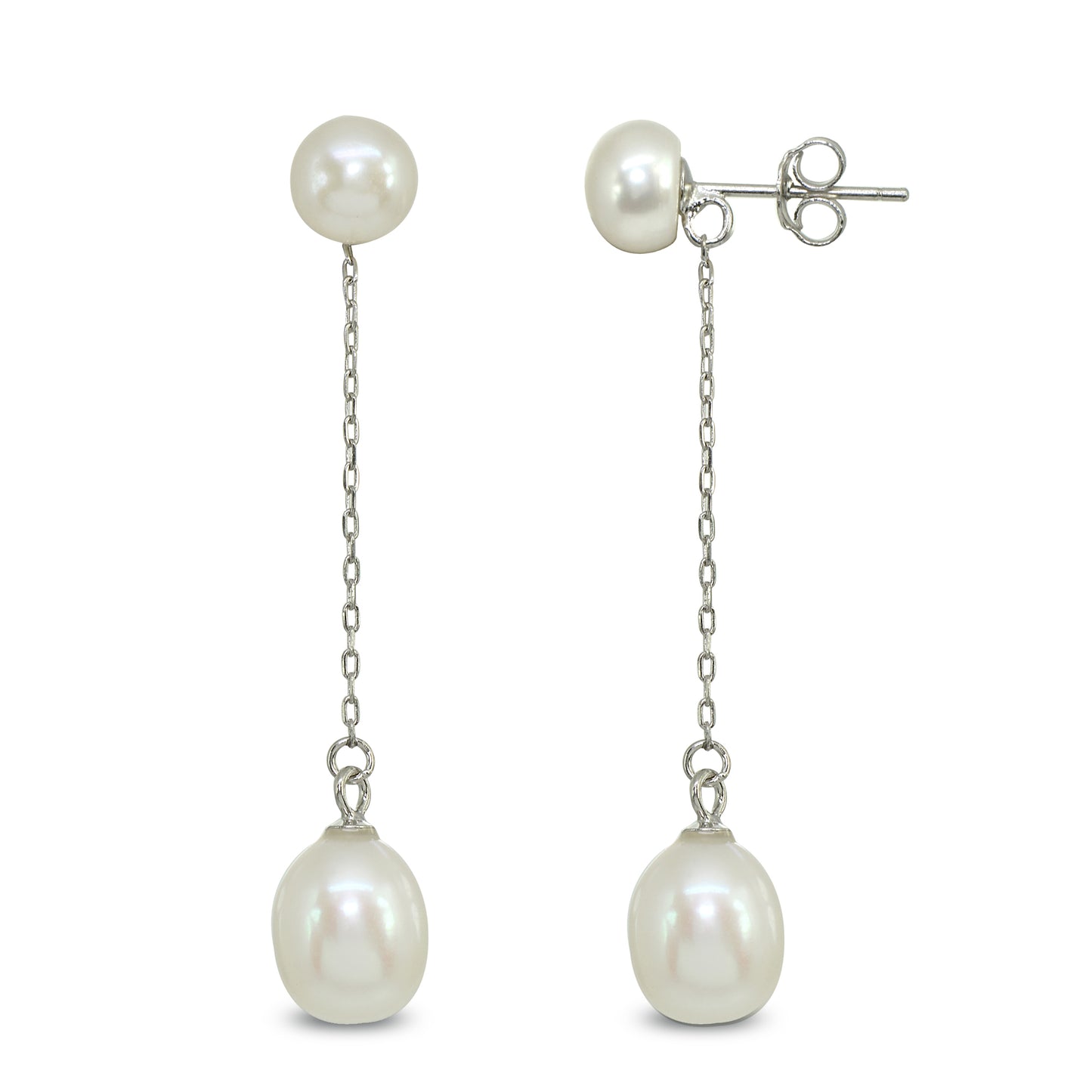 Sterling Silver Freshwater Cultured White Pearl Chain Trendy Drop Dangle Earrings