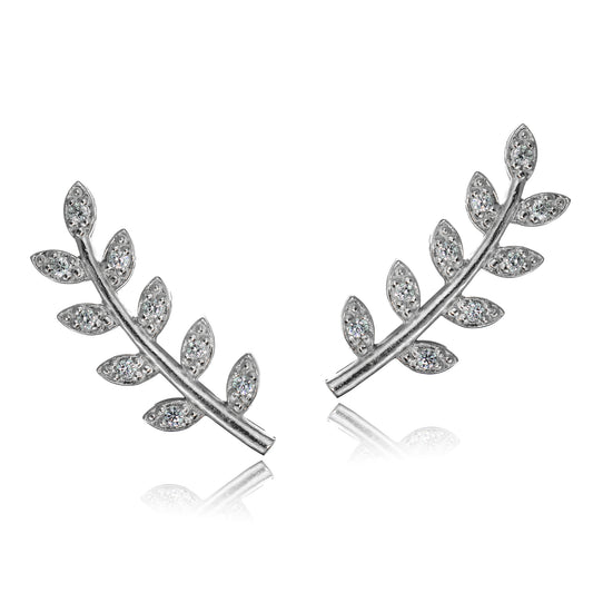 Sterling Silver Leaf Branch Cubic Zirconia Climber Crawler Hook Earrings