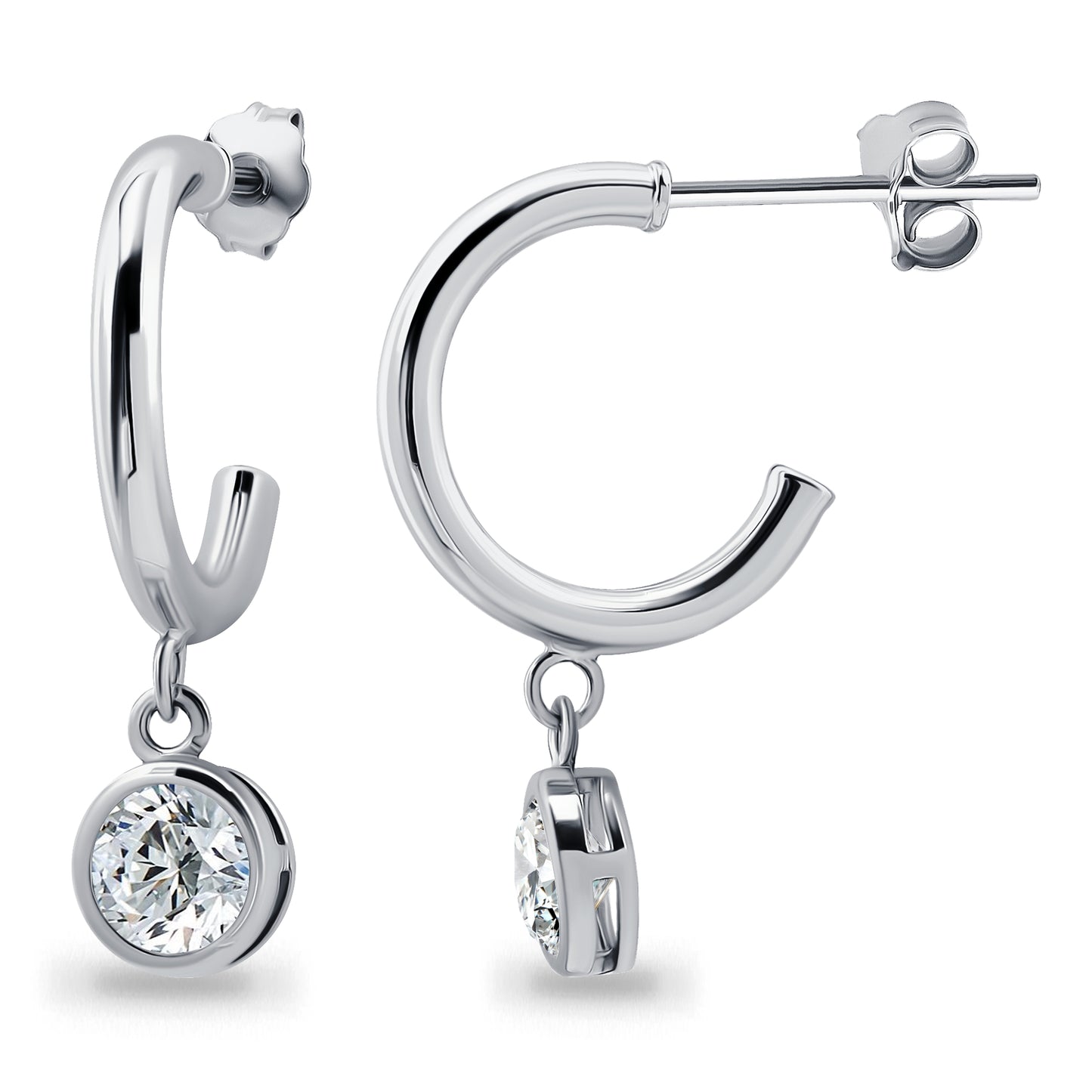 Sterling Silver Round Cubic Zirconia Dangle Round Huggies Open Hoop Earrings