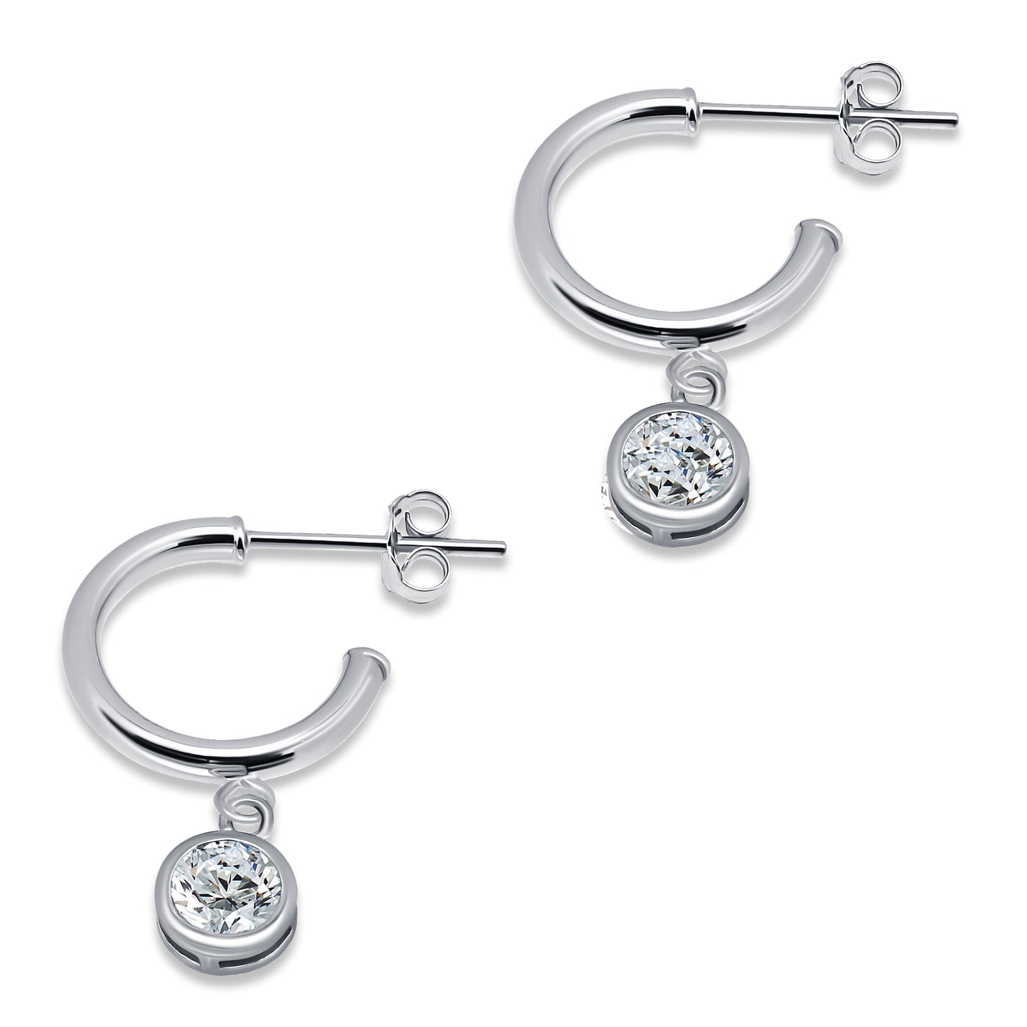 Sterling Silver Round Cubic Zirconia Dangle Round Huggies Open Hoop Earrings