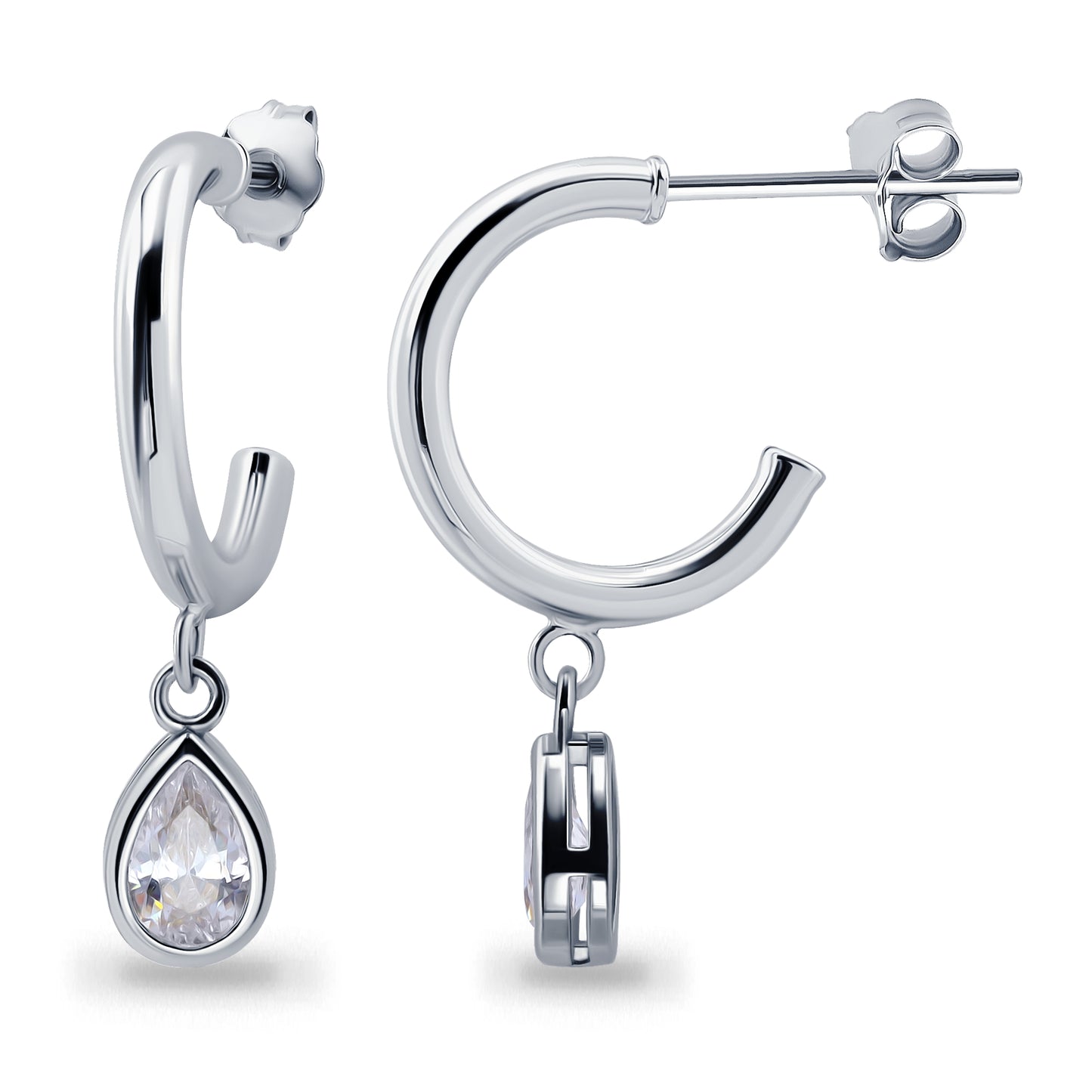 Sterling Silver Teardrop Cubic Zirconia Dangle Round Huggies Open Hoop Earrings