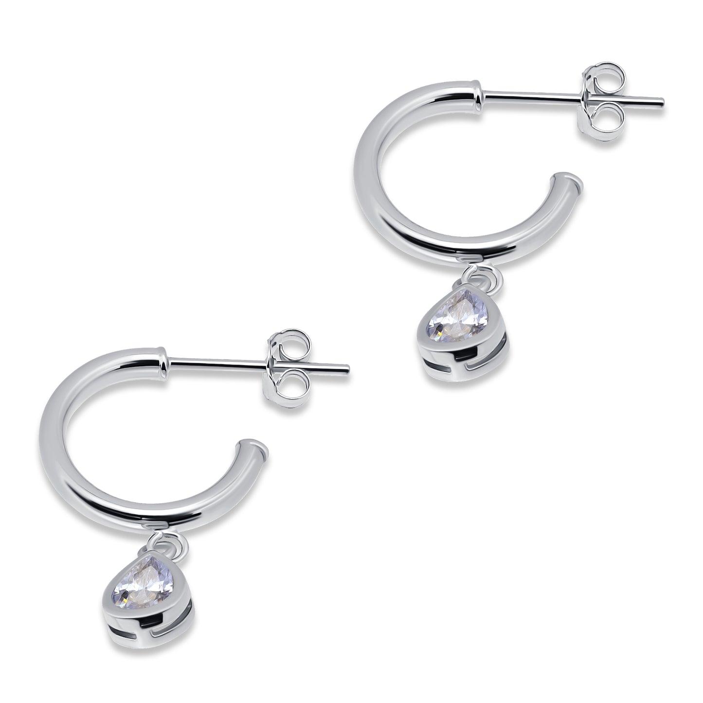 Sterling Silver Teardrop Cubic Zirconia Dangle Round Huggies Open Hoop Earrings