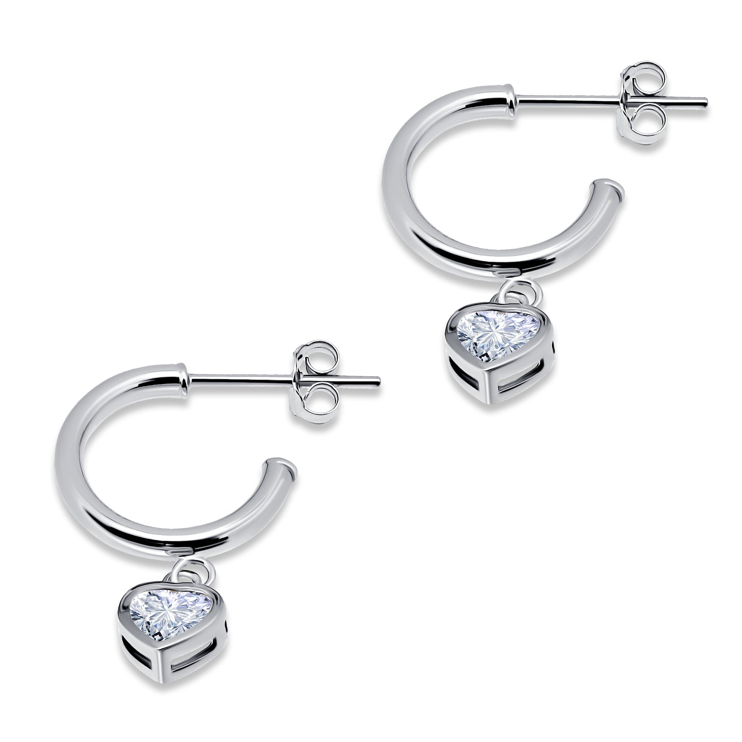 Sterling Silver Heart Cubic Zirconia Dangle Round Huggies Open Hoop Earrings