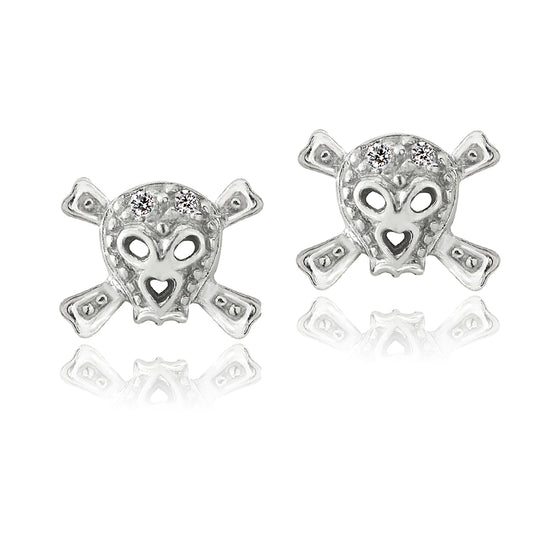 Sterling Silver Skull and Cross Bone Cubic Zirconia Stud Earrings