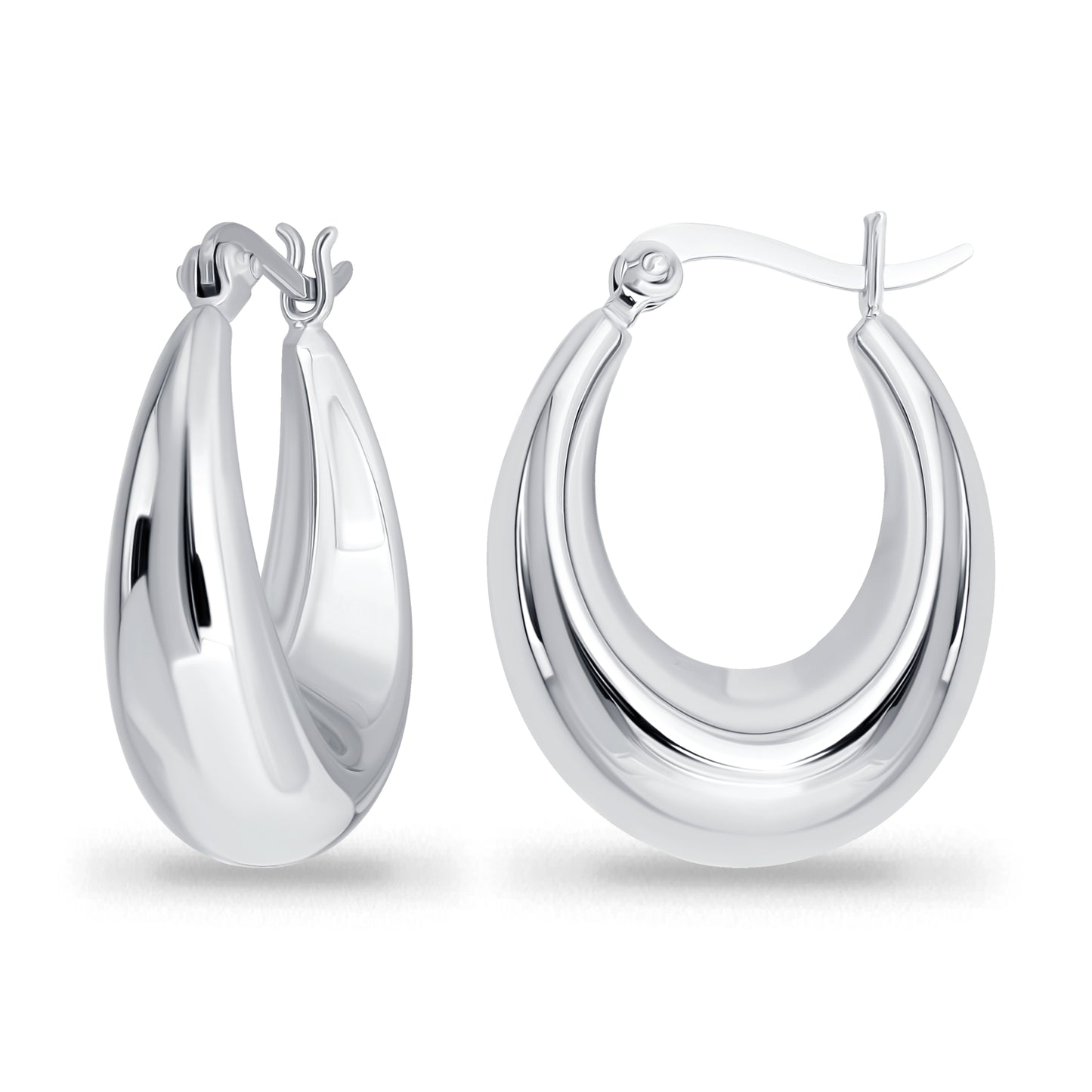 Sterling Silver Oval Puffed Polished Fashion Chunky Hoop Earrings