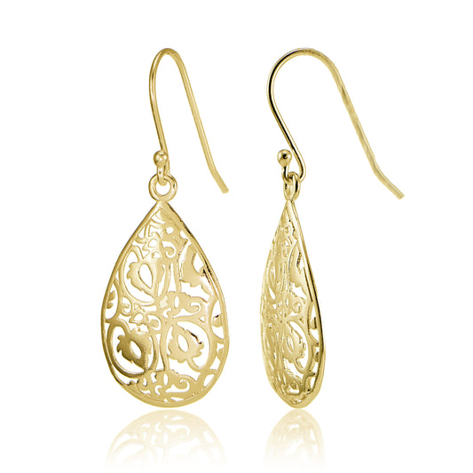 Gold Plated Sterling Silver Teardrop Pear-Shape Filigree Dangle Earrings