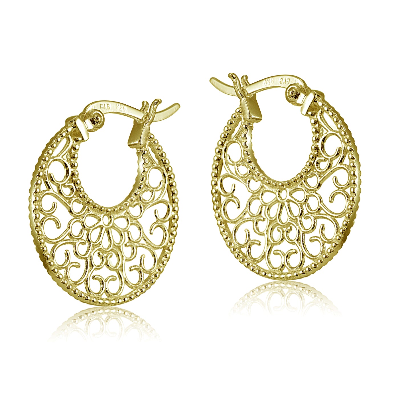 Gold Plated Sterling Silver Medallion Filigree High Polished Round Flat Earrings