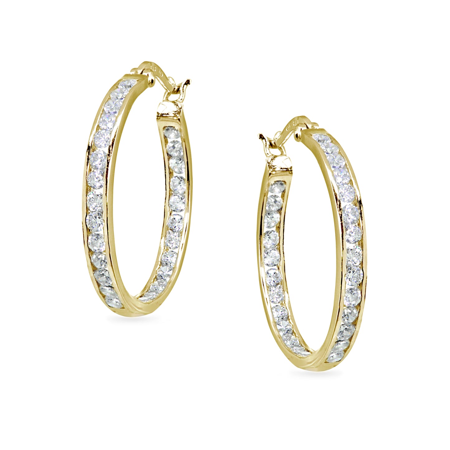 Gold Plated Sterling Silver 3x25mm Channel-Set Inside Out Cubic Zirconia Round 1" Hoop Earrings for Women