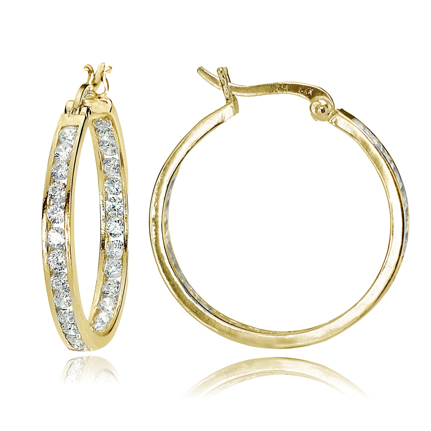 Gold Plated Sterling Silver 3x25mm Channel-Set Inside Out Cubic Zirconia Round 1" Hoop Earrings for Women