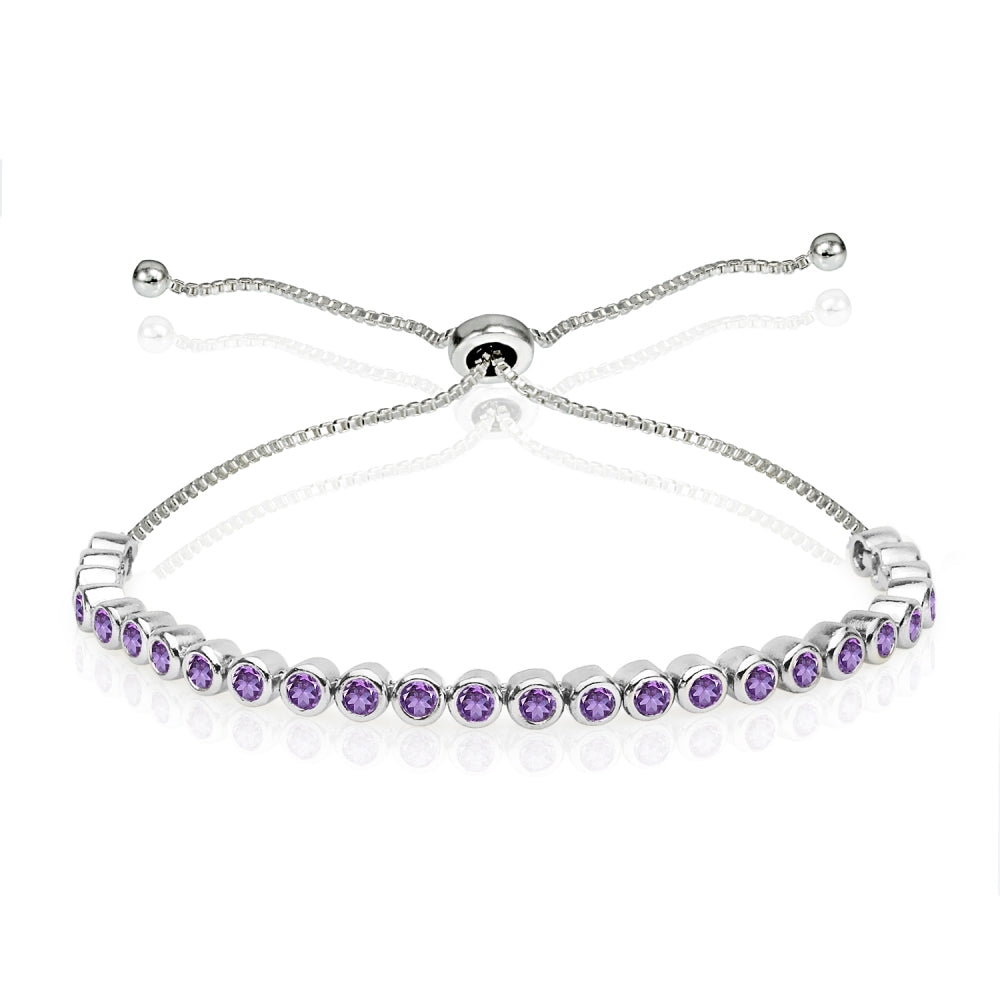 Sterling Silver African Amethyst 2mm Round Bezel-set Adjustable Dainty Tennis Bracelet for Women Girls