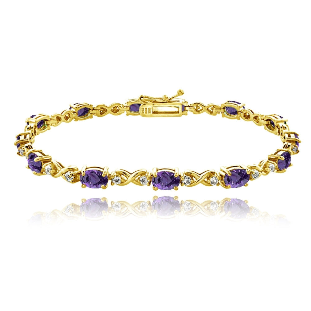 Yellow Gold Flashed Sterling Silver African Amethyst 6x4mm Oval Infinity Bracelet w/White Topaz Accents