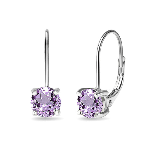 Purple Earrings for Women Sterling Silver Fashion 6mm Round Leverback Drop Amethyst Earring for Girls Teens Tendy Summer