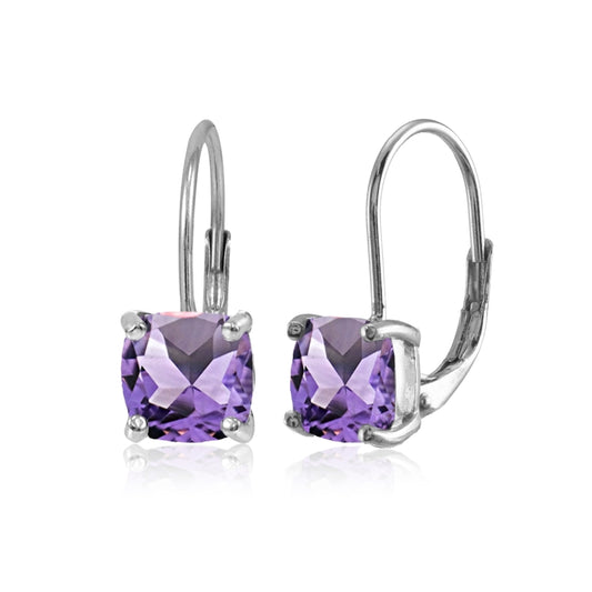 Purple Earrings for Women Sterling Silver 7x7mm Cushion-Cut Amethyst Leverback Earring for Girls Teens Bridesmaids Birthday Fashion Trendy