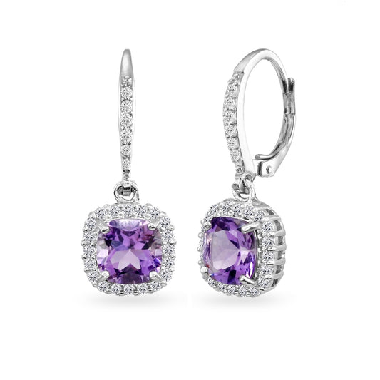 Purple Earrings for Women Sterling Silver Dangle Halo Cushion-Cut White Topaz and Genuine Amethyst Earrings for Girls Teens Birthday Holiday Gift Prom Bridesmaids