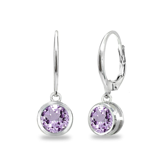 Amethyst Earrings for Women Sterling Silver 6mm Round Bezel Set Leverback Dangle Earring for Girls Bridesmaids Tredny Fashion