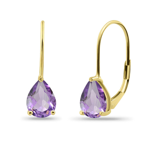 Yellow Flashed Sterling Silver Amethyst 8x6mm Teardrop Dainty Drop Gold Earrings for Women Girls