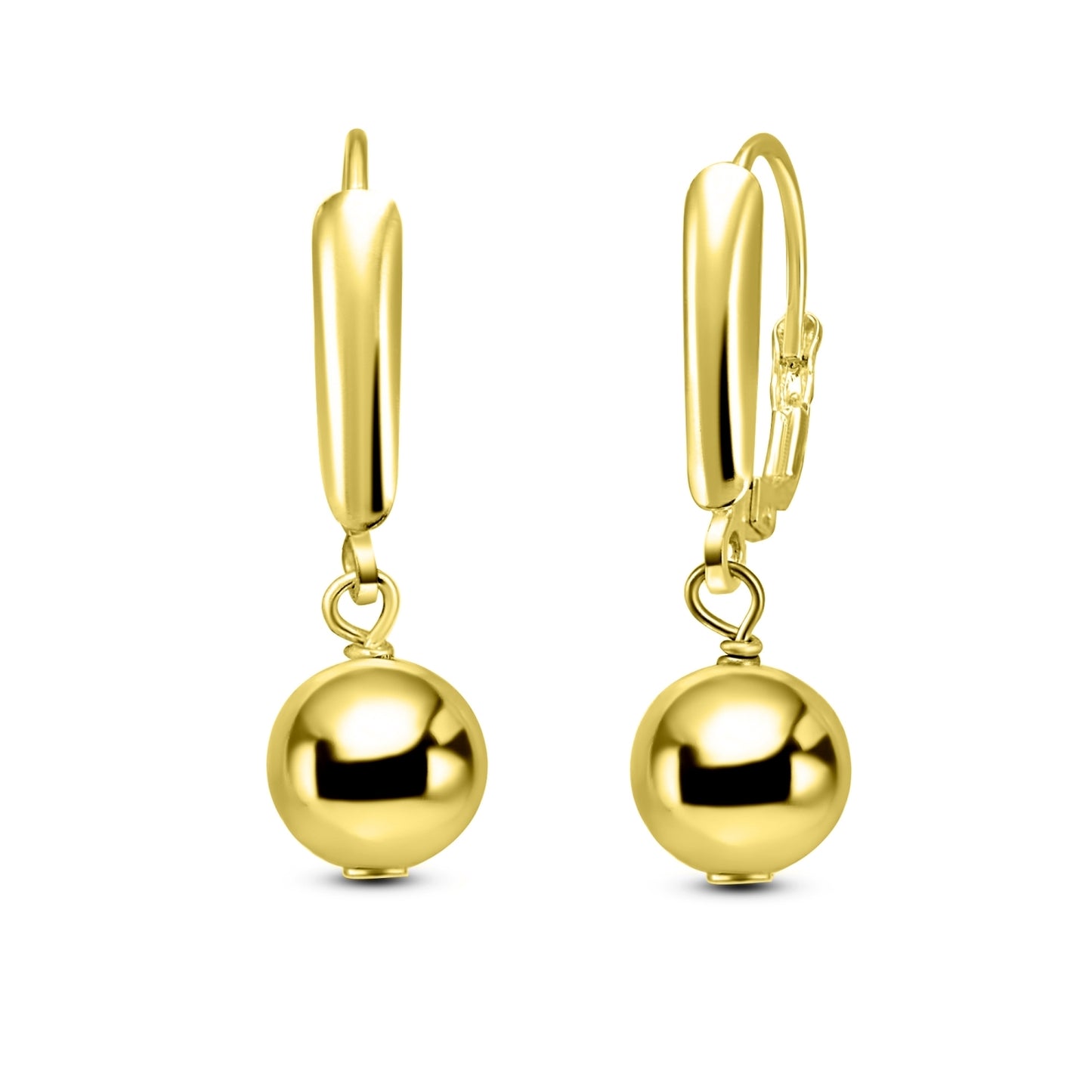 Gold Earrings for Women Girls Trendy Yellow Flashed Sterling Silver 8mm Polished Ball Bead Leverback Drop Gold Dangle Earrings Fashion