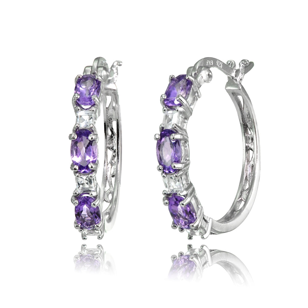 Purple Earrings for Women Sterling Silver Hoops Princess-cut White Topaz & Oval Genuine Amethyst Hoop Earring for Girls Teens Bridesmaids Fashion Trendy