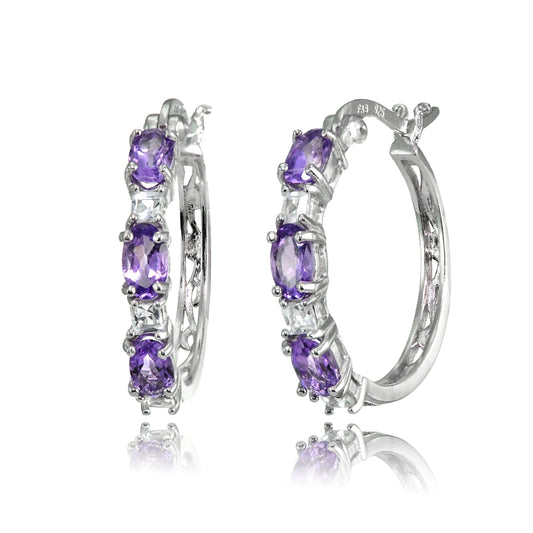 Purple Earrings for Women Sterling Silver Hoops Princess-cut White Topaz & Oval Genuine Amethyst Hoop Earring for Girls Teens Bridesmaids Fashion Trendy