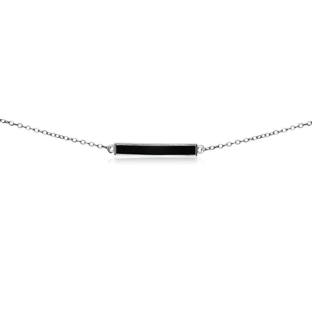 Sterling Silver Polished Black Enamel Bar Dainty Thin Chain Choker Necklace for Women Girls