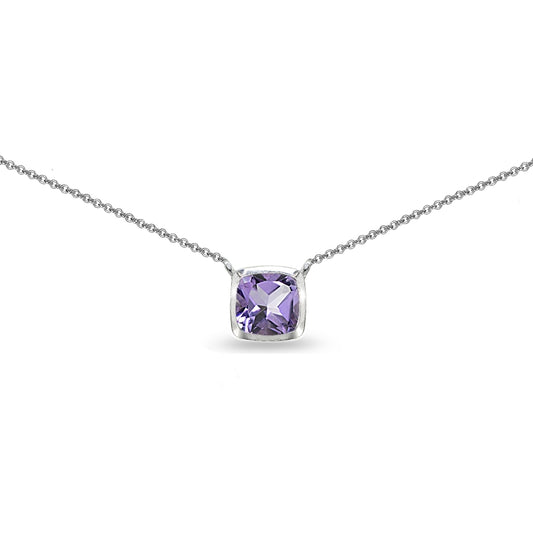 Sterling Silver Cushion-Cut Bezel-Set Solitaire Amethyst Choker Necklace for Women Girls