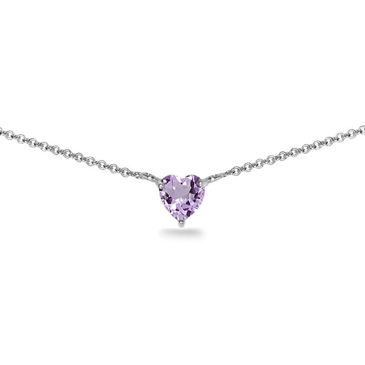 Silver Necklace for Valentines Day 925 Sterling Purple Amethyst Dainty Short Heart Choker Necklaces for Women Girls Teens Bridesmaids Prom