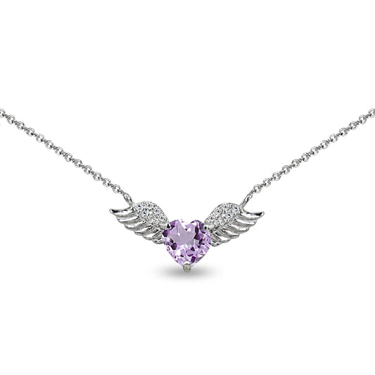 Necklace for Valentines Day Sterling Silver Amethyst & CZ Heart Angel Wings Necklaces for Women Girls, 15" + Extender