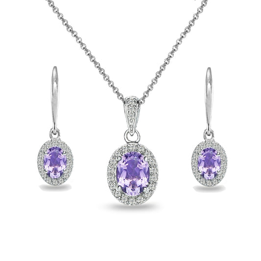 Jewelry Sets for Women Amethyst Necklace and Earrings Sterling Silver Oval Halo Pendant Necklace & Dangle Earrings for Girls Teens Birthday