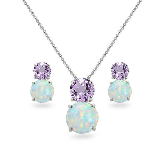Sterling Silver Amethyst & Synthetic Opal Double Round Earrings & Necklace Jewelry Set for Women Girls