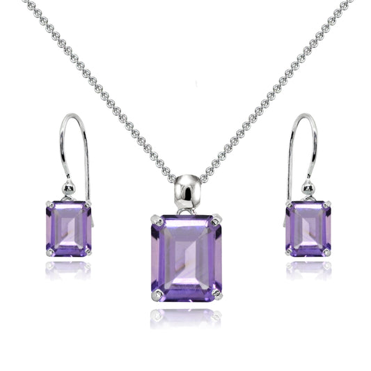 Sterling Silver Amethyst Octagon-Cut Solitaire Drop Dangle Earrings & Necklace Jewelry Set for Women with Gift Box