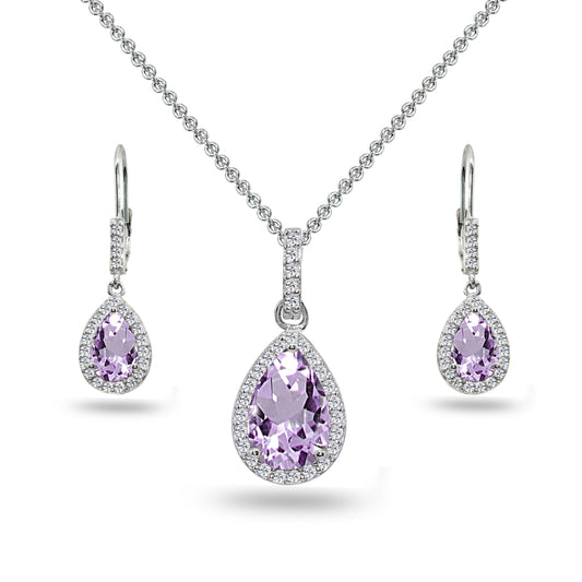 Sterling Silver Amethyst & White Topaz Teardrop Dangling Necklace & Leverback Drop Dangle Earrings Jewelry Set for Women with Gift Box