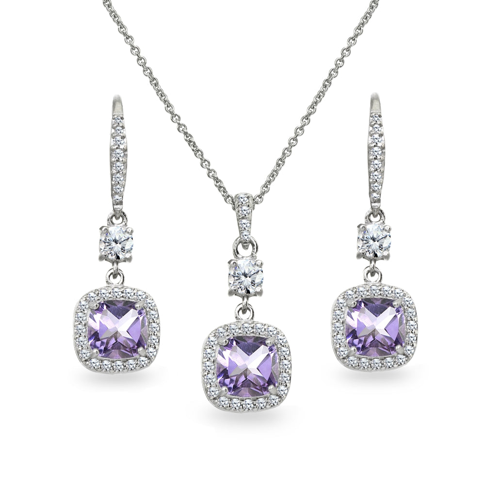 Sterling Silver Amethyst Cushion-Cut Halo Dangle Leverback Earrings & Pendant Necklace Set